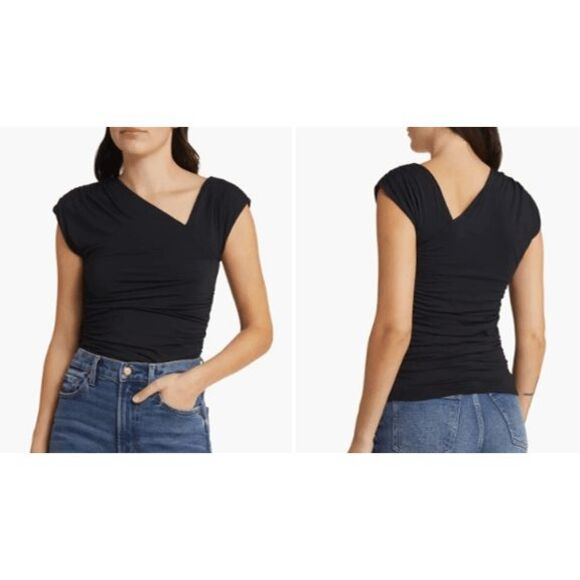 NWT Rails Jaden black asymmetrical top shirt Sz M ruched offset V neck - Picture 1 of 6